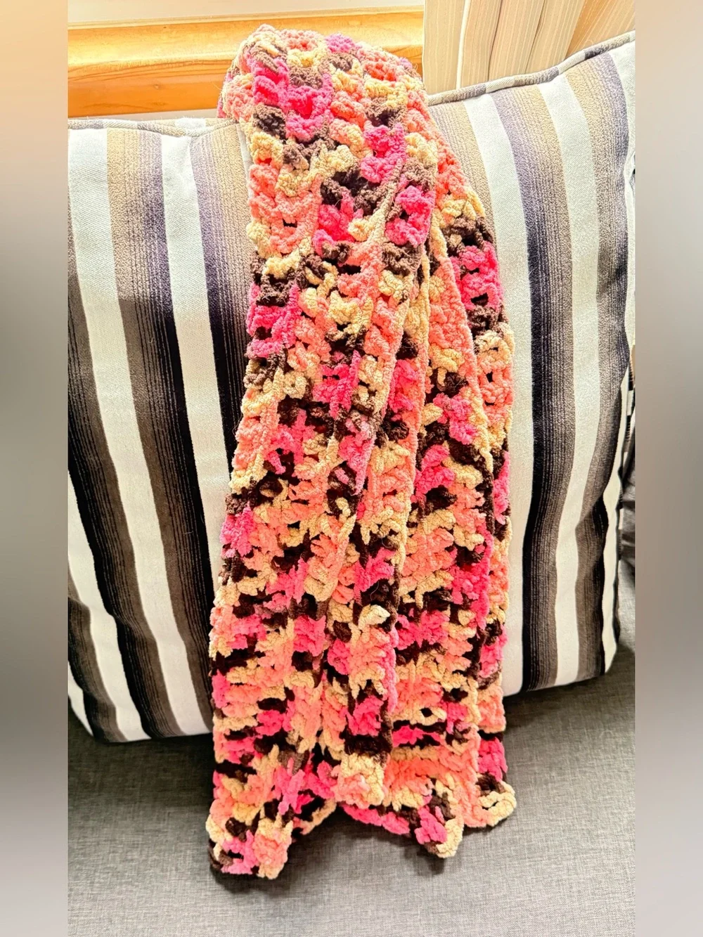 Handmade Multicolor Crochet Scarf - Pink, Peach & Brown New Super Soft Chic